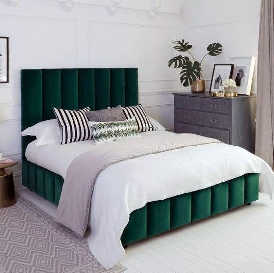 Musky Wood Bed and Contour Wood, 200×130×120 , Velvet - Green