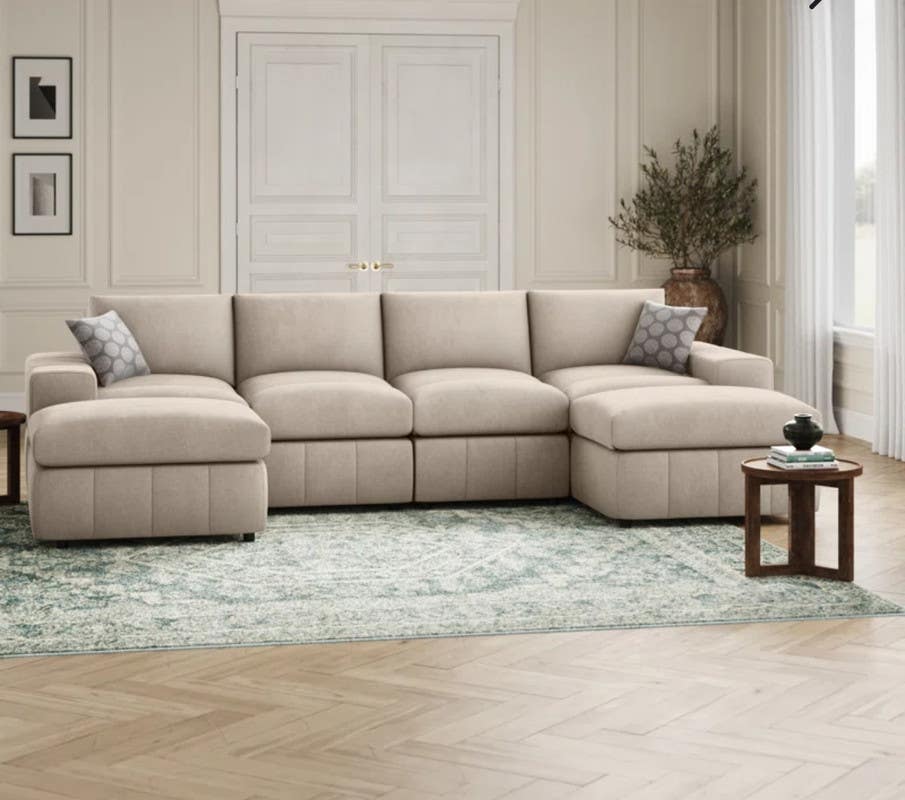 Sofa U Shape, Red Beech Wood, 280×80×75×75 , Velvet - Beige