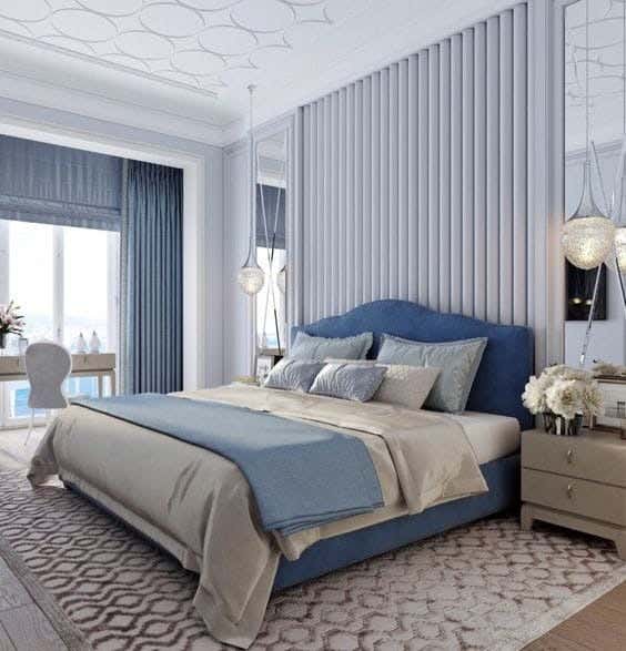 Queen Plain Tiered Bed, Beech Wood, Suede Upholstery, 200 X 160 Cm, Height 122 Cm - Blue