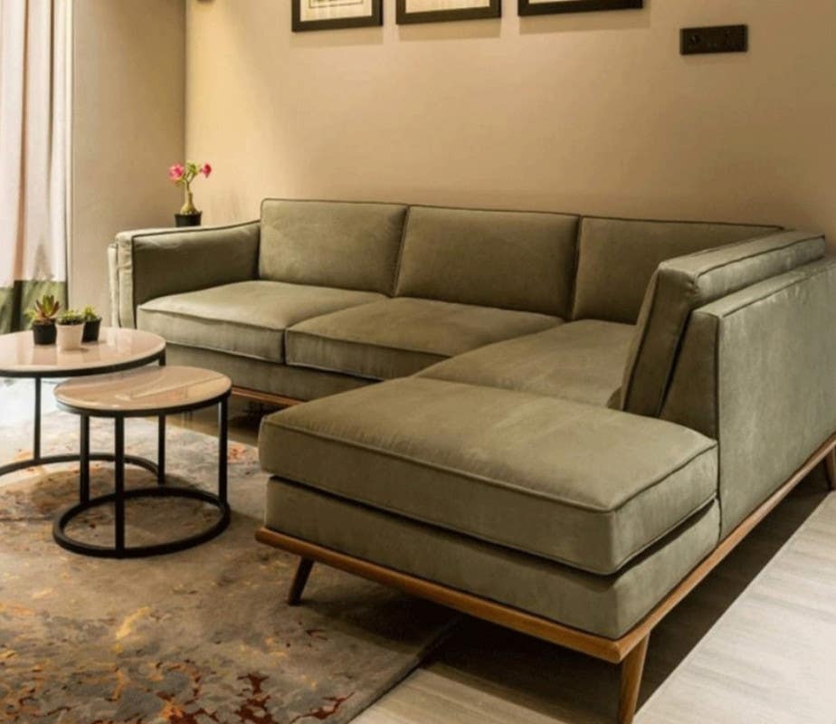 Sofa L Shape, Red Beech Wood, 240×170×75×80 , Velvet - Green
