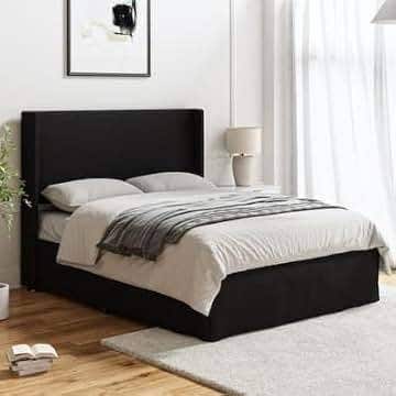Queen Beech Wood Frame Bed, Suede Upholstery, 200 X 160 Cm, Height 122 Cm - Black