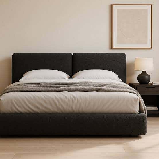 Queen Beech Wood Bed, Suede Upholstery, 200 X 160 Cm, Height 122 Cm - Dark Brown