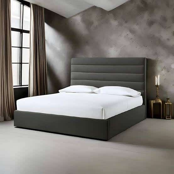 Queen Beech Wood Bed, Suede Upholstery, 200 X 160 Cm, Height 122 Cm - Dark Grey