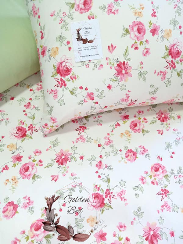 Printed bed sheet set with 2 pillowcases of the same pattern and a plain long pillow in mint green, 260 * 240, four pieces - multi-colored