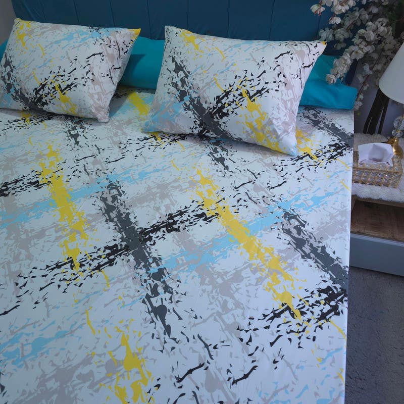 Printed bed sheet set with 2 pillowcases of the same pattern and a plain long pillow, turquoise color, 260 * 240, four pieces - multi-colored