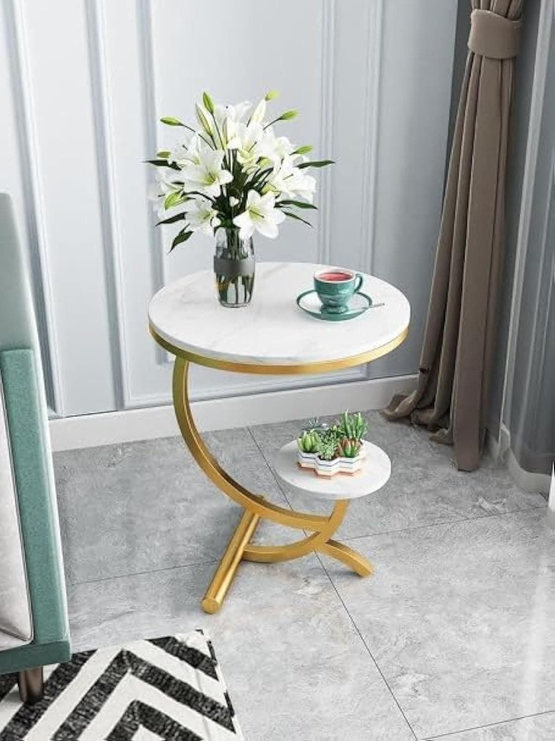 MDF Surface Metal Corner Table, 50×40×30 Cm - White Golden