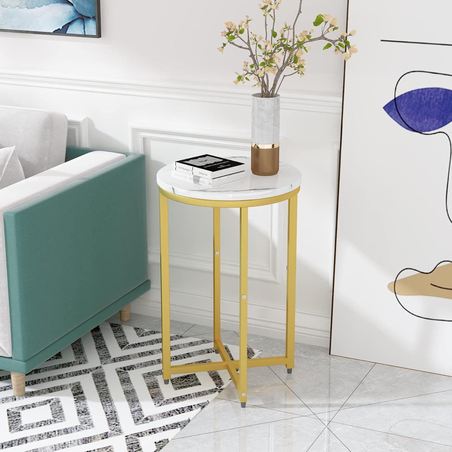 MDF Surface Metal Corner Table, 62×40×40 Cm - White Golden