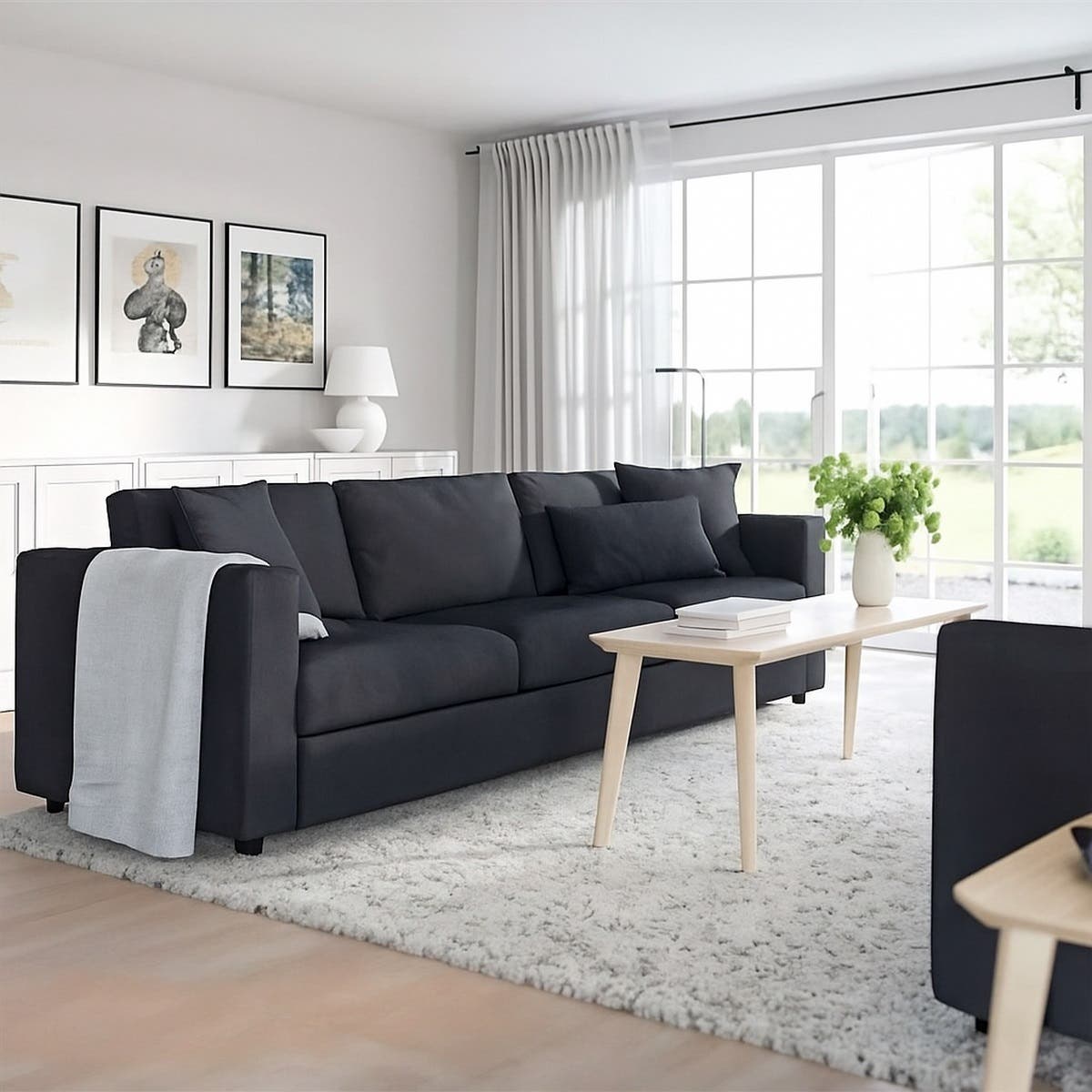 Three-Seater Sofa, Natural Wood, Velvet Fabric, 80X200X80 cm - Dark Grey