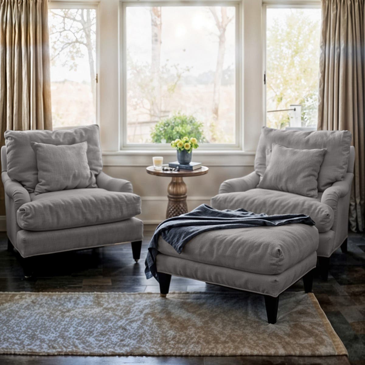 Two-Piece Chair And Pouf Set In Natural Wood, Linen Fabric, 3 Pieces - Light Grey