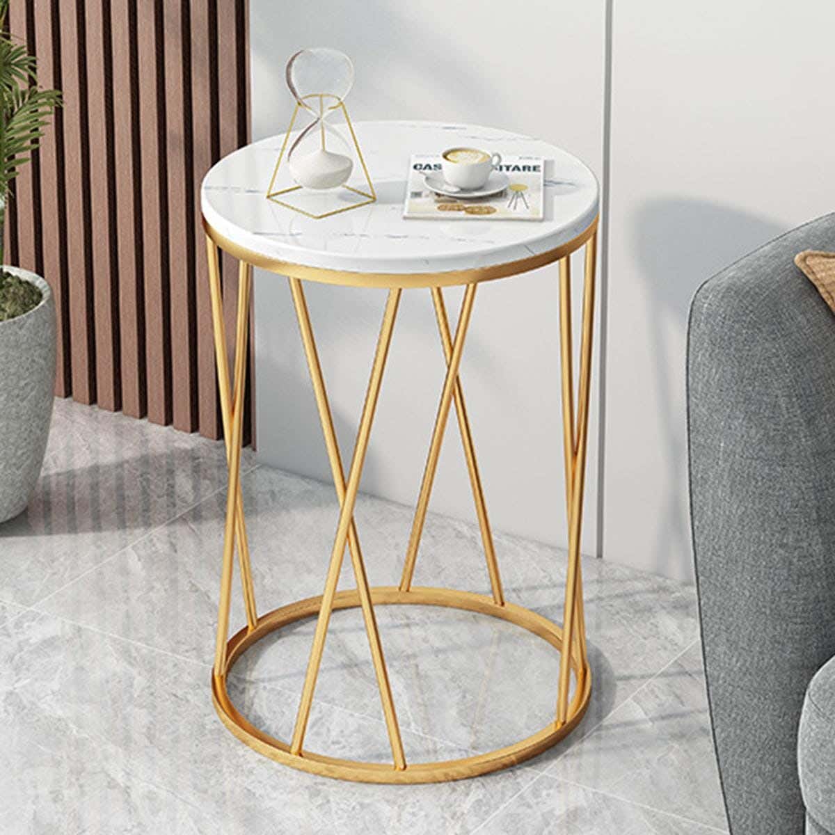 Metal Side Table With Glass Surface, 40 × 40 × 50 cm - White Gold
