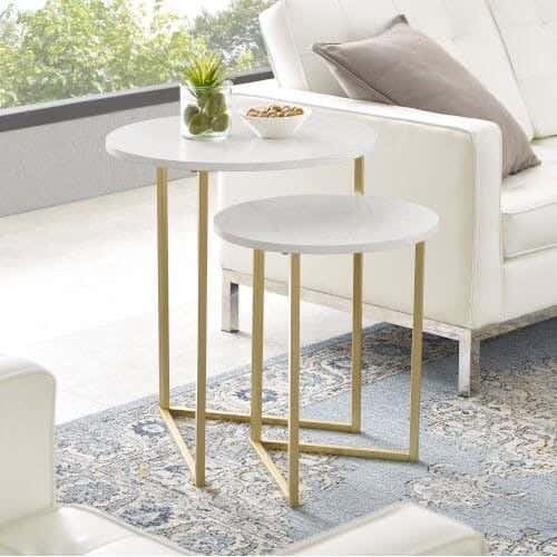 Two-Piece Side Table Set, Metal, Carrara Marble Top - White Gold