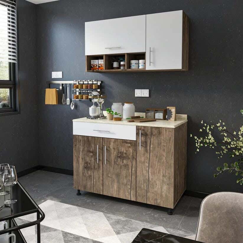 Two-Piece Wooden Kitchen Unit With Countertop, White Wood