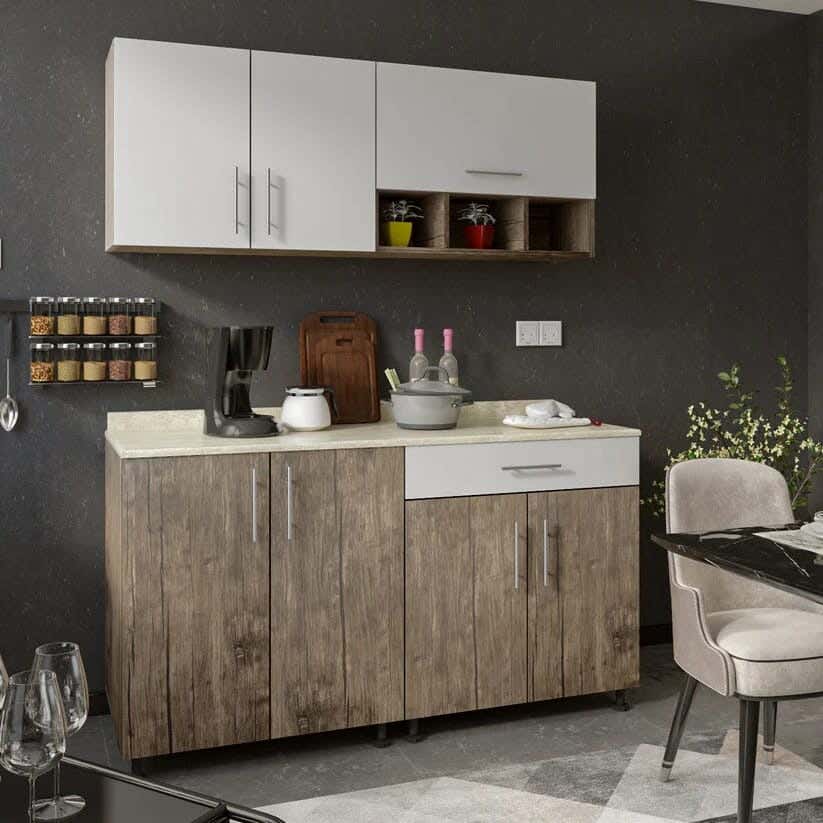 Wooden Countertop Kitchen Unit, With Marble Countertop, 2 Pieces - Dark Beige And White