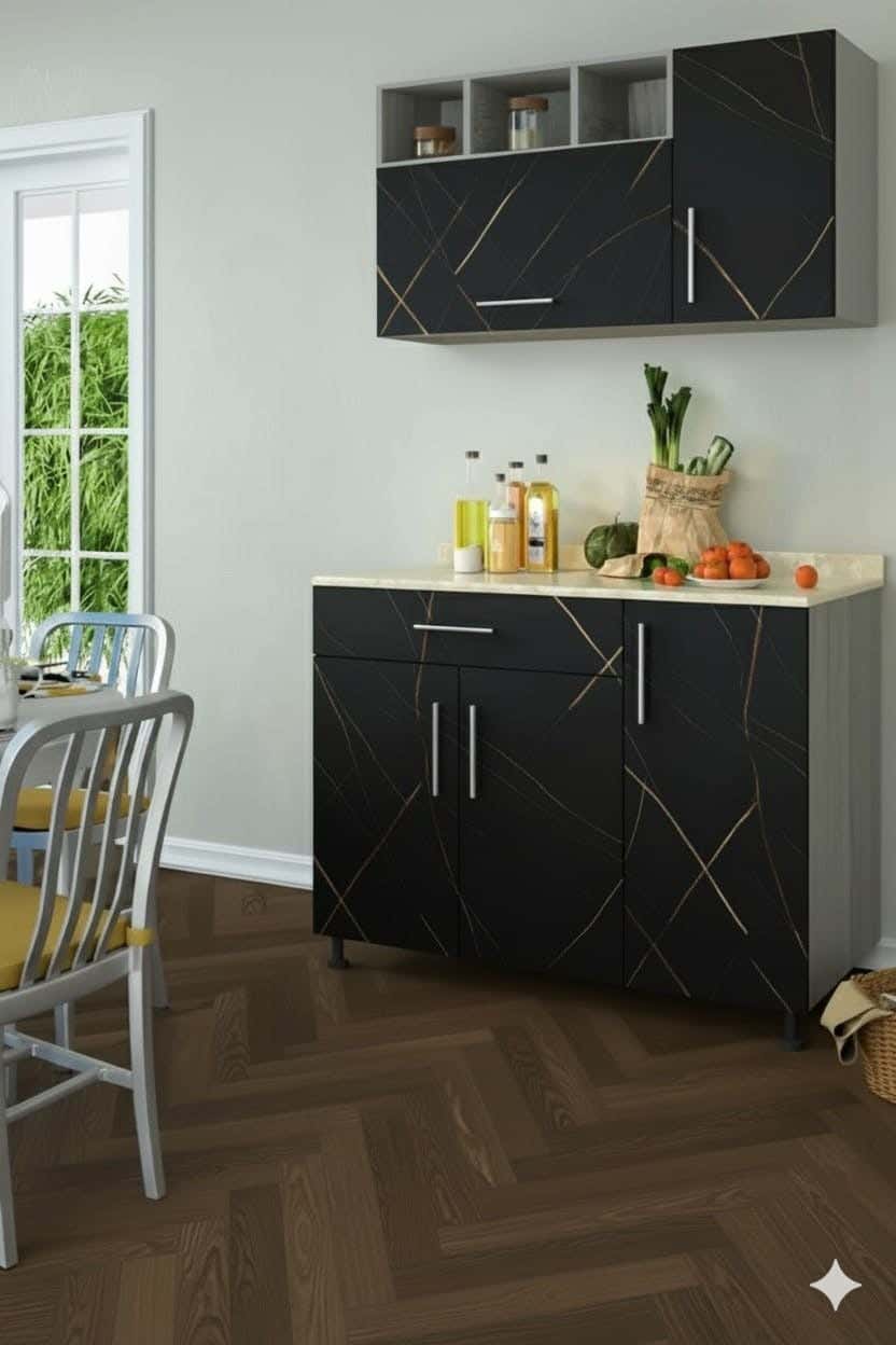 Modern Kitchen Made Of Plywood, With A Marble Countertop, Two Pieces, Upper/Lower - Black