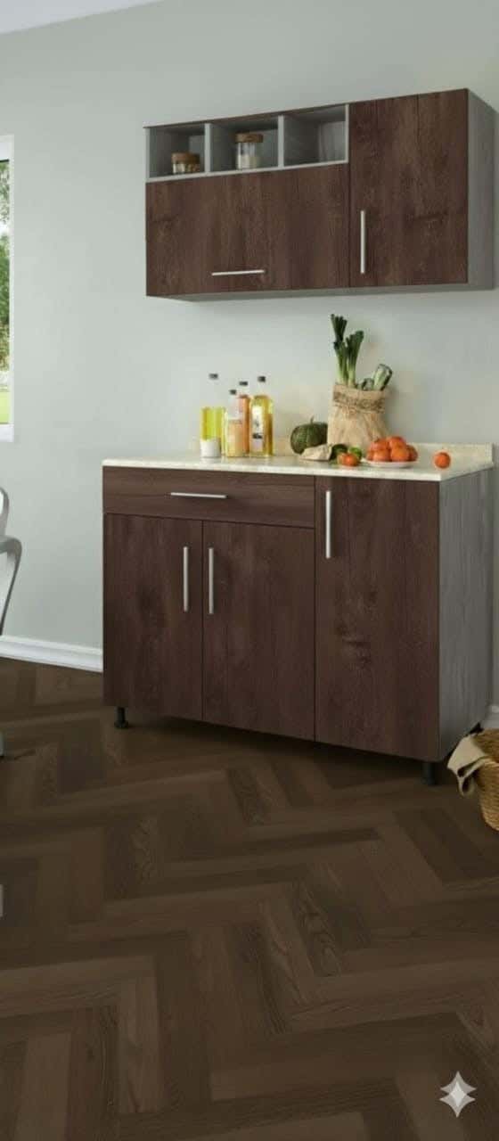 Modern Kitchen Made Of Plywood, With A Marble Countertop, Two Pieces, Upper/Lower - Brown