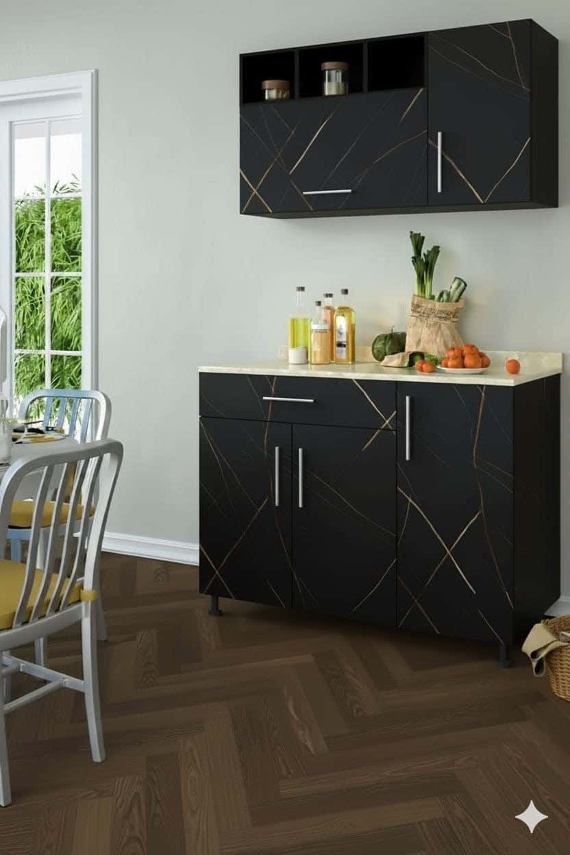Modern Kitchen Made Of Plywood, With A Marble Countertop, Two Pieces, Upper/Lower - Black