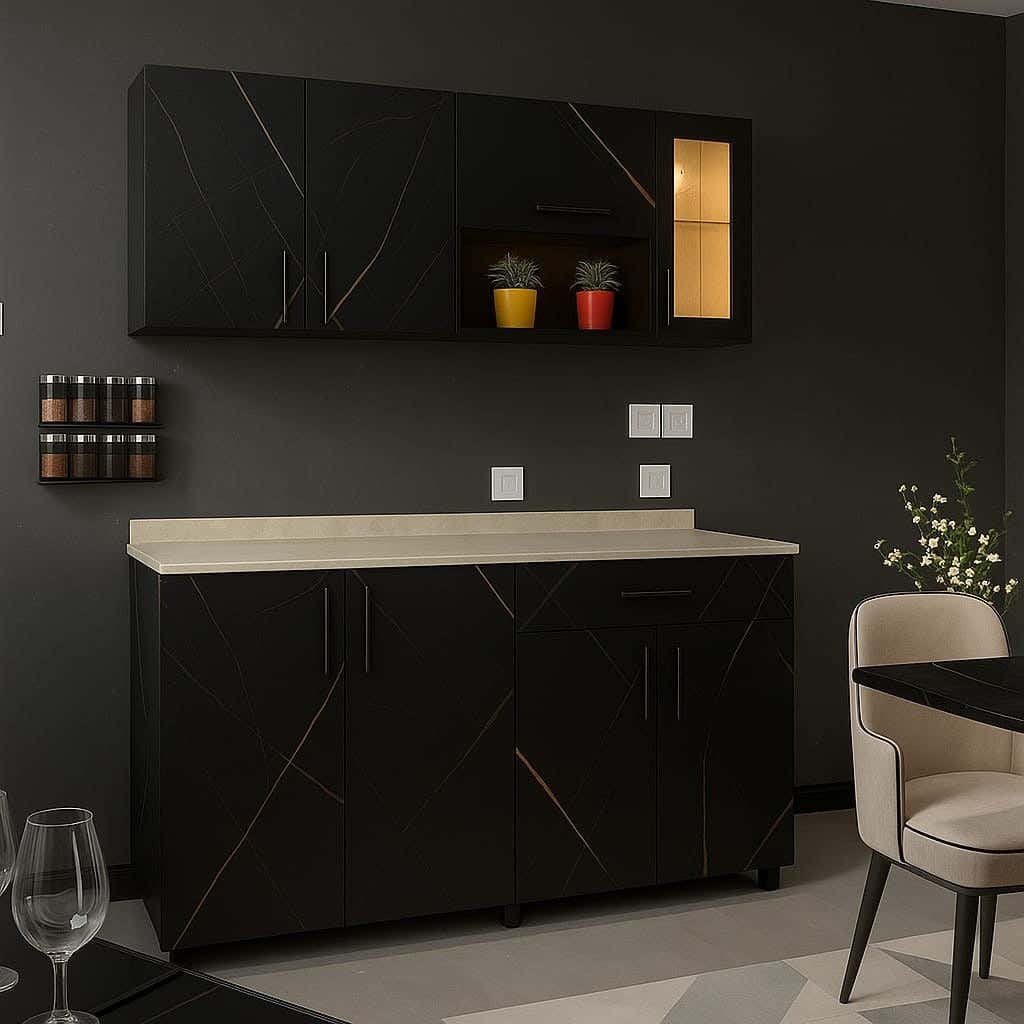 Modern Kitchen Made Of Plywood, With A Marble Countertop, Two Pieces, Upper/Lower - Black