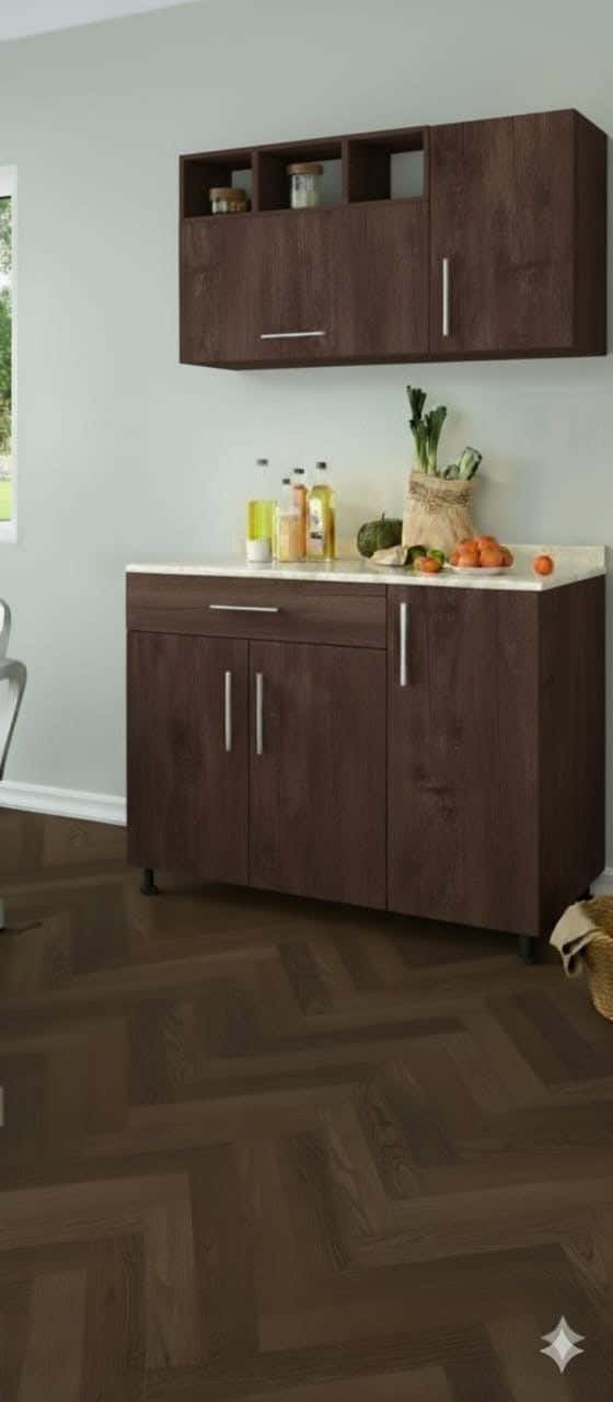 Modern Kitchen Made Of Plywood, With A Marble Countertop, Two Pieces, Upper/Lower - Brown