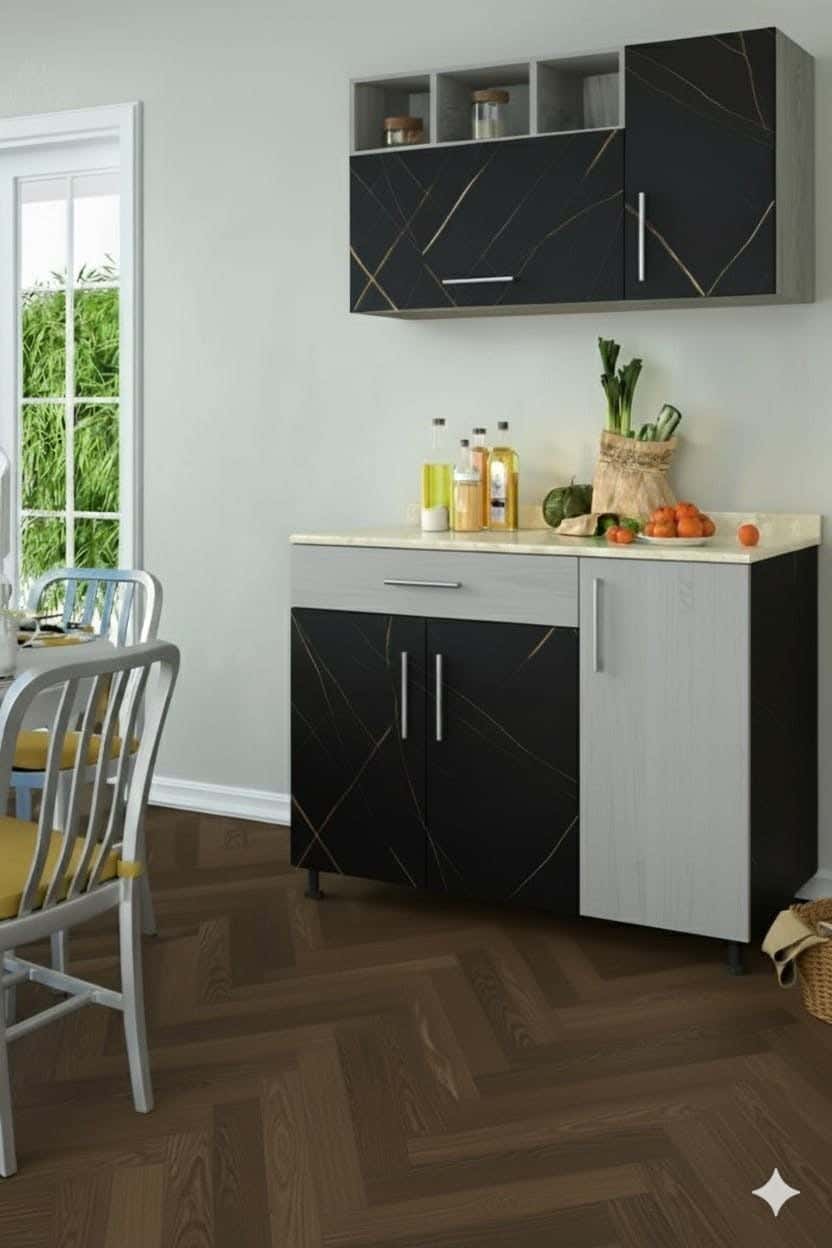 Modern Kitchen Made Of Plywood, With A Marble Countertop, Two Pieces, Upper/Lower - Black And White
