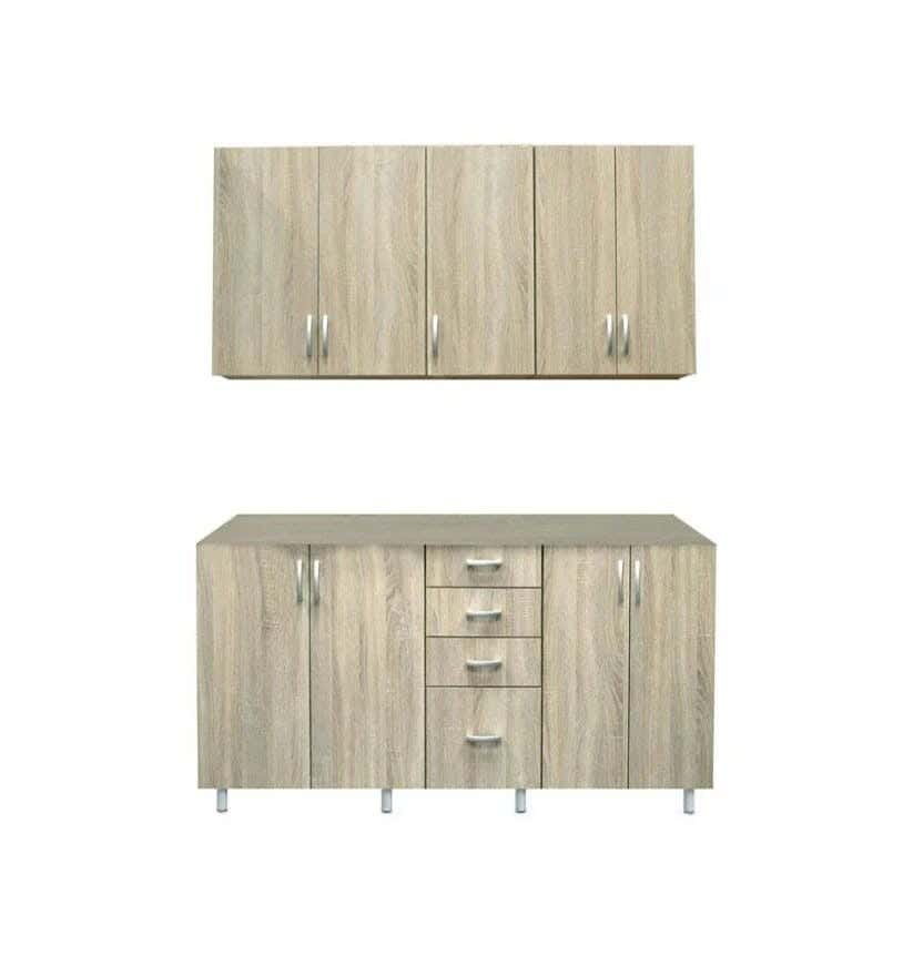 Wooden Countertop Kitchen Unit, Equipped With A Marble Countertop, 2 Pieces - Beige Wood