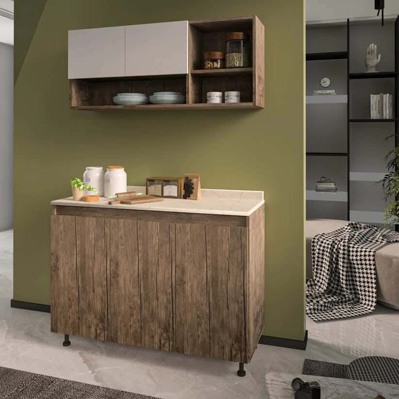 Two-Piece Wooden Kitchen Unit With Countertop, Equipped With A Marble Countertop - Brown And White