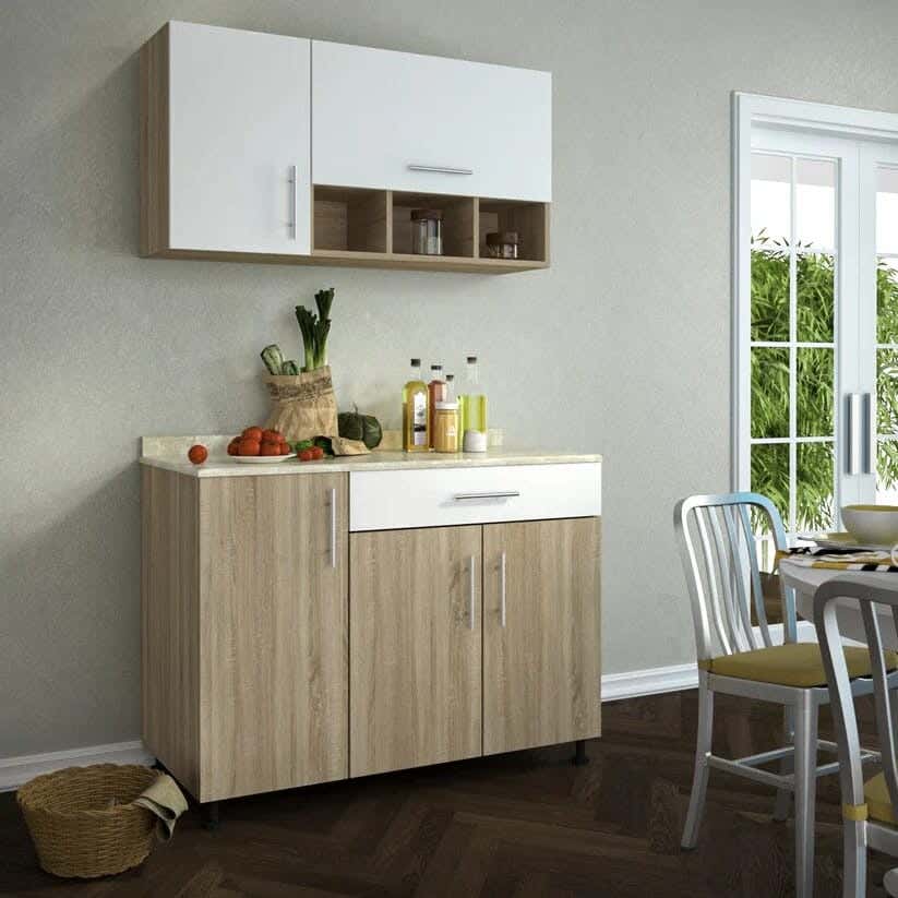 Wooden Countertop Kitchen Unit, With Marble Countertop, 2 Pieces - Beige And White