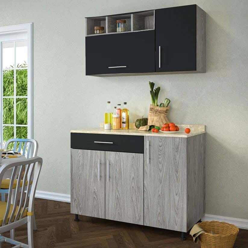 Countertop Wood Kitchen Unit, With Marble Countertop, 2 Pieces - Grey Brown