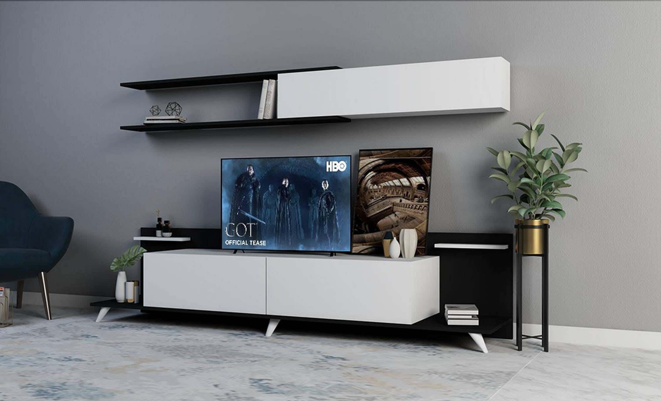 MDF Wood Screen Unit, 240×47×55 cm - Black White