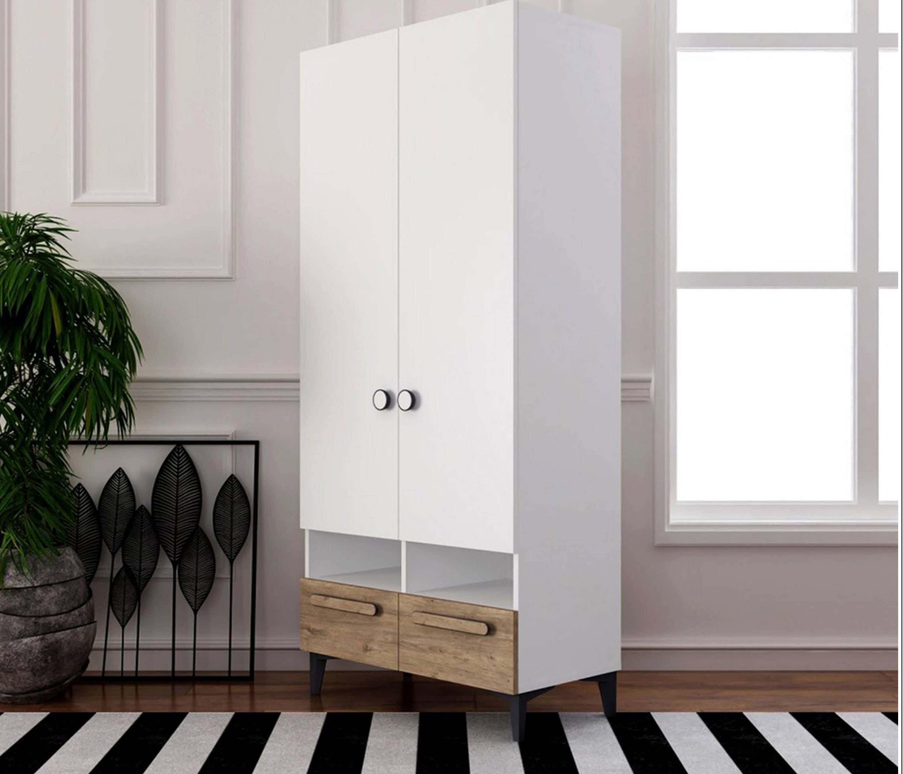 MDF Wood Wardrobe 2 Door, 100x50x185 Cm - Beige White