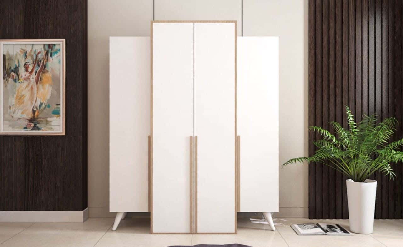 MDF Wood Wardrobe 4 Door, 180x50x180 Cm - Beige White
