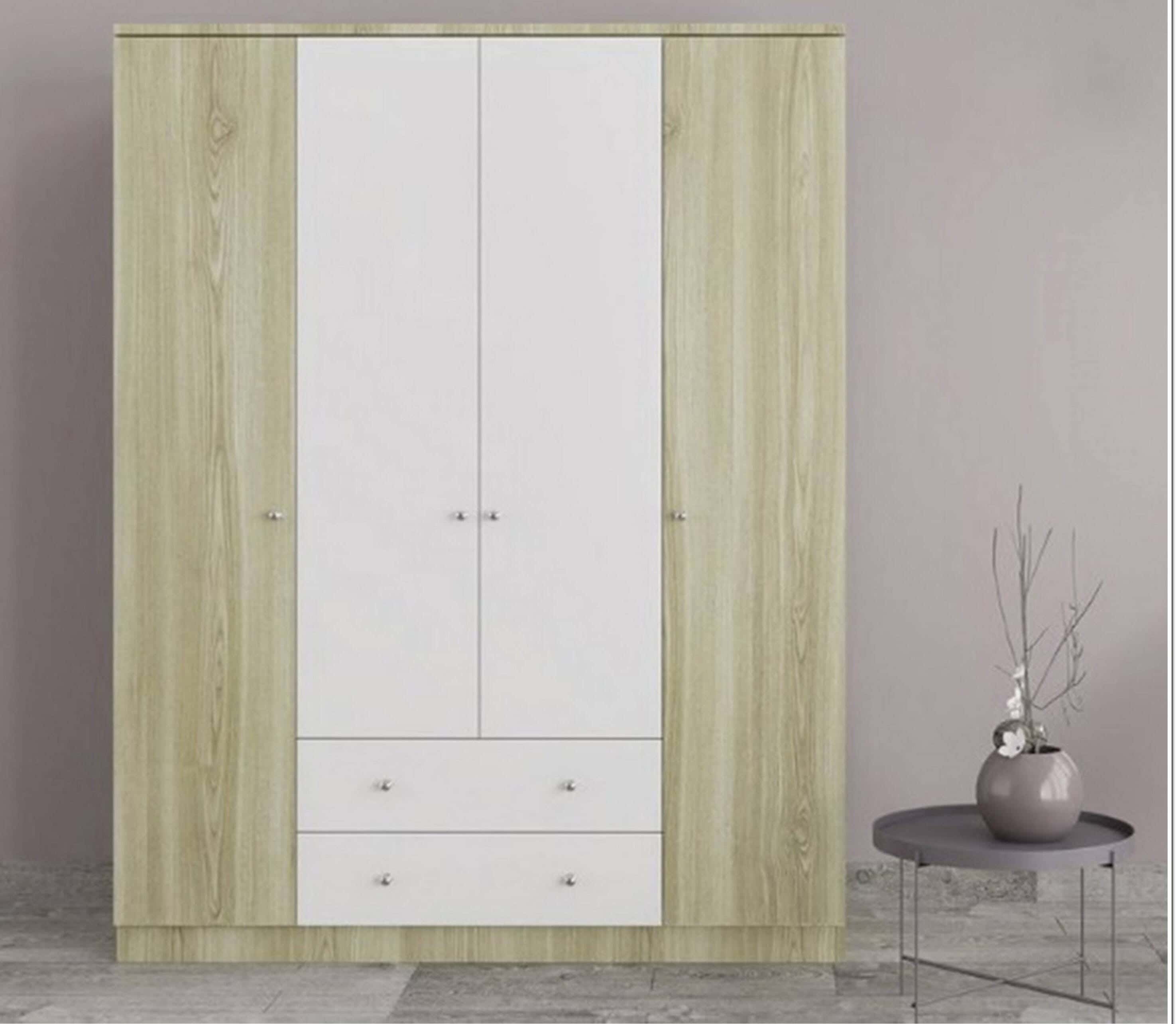 MDF Wood Wardrobe 4 Door, 160x50x185 Cm - Beige White