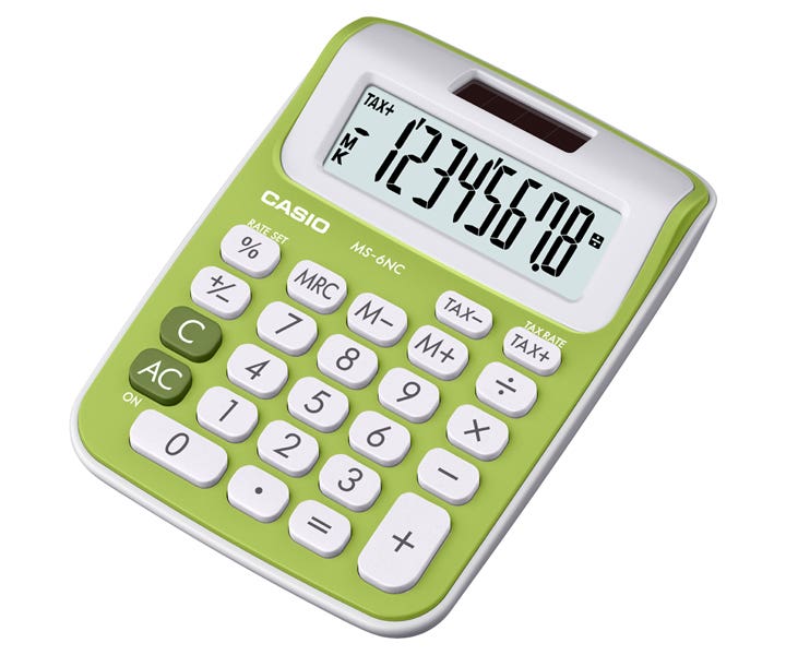 Casio MS-6NC-GN-S-DP Portable Mini Desk Calculator - Lemon