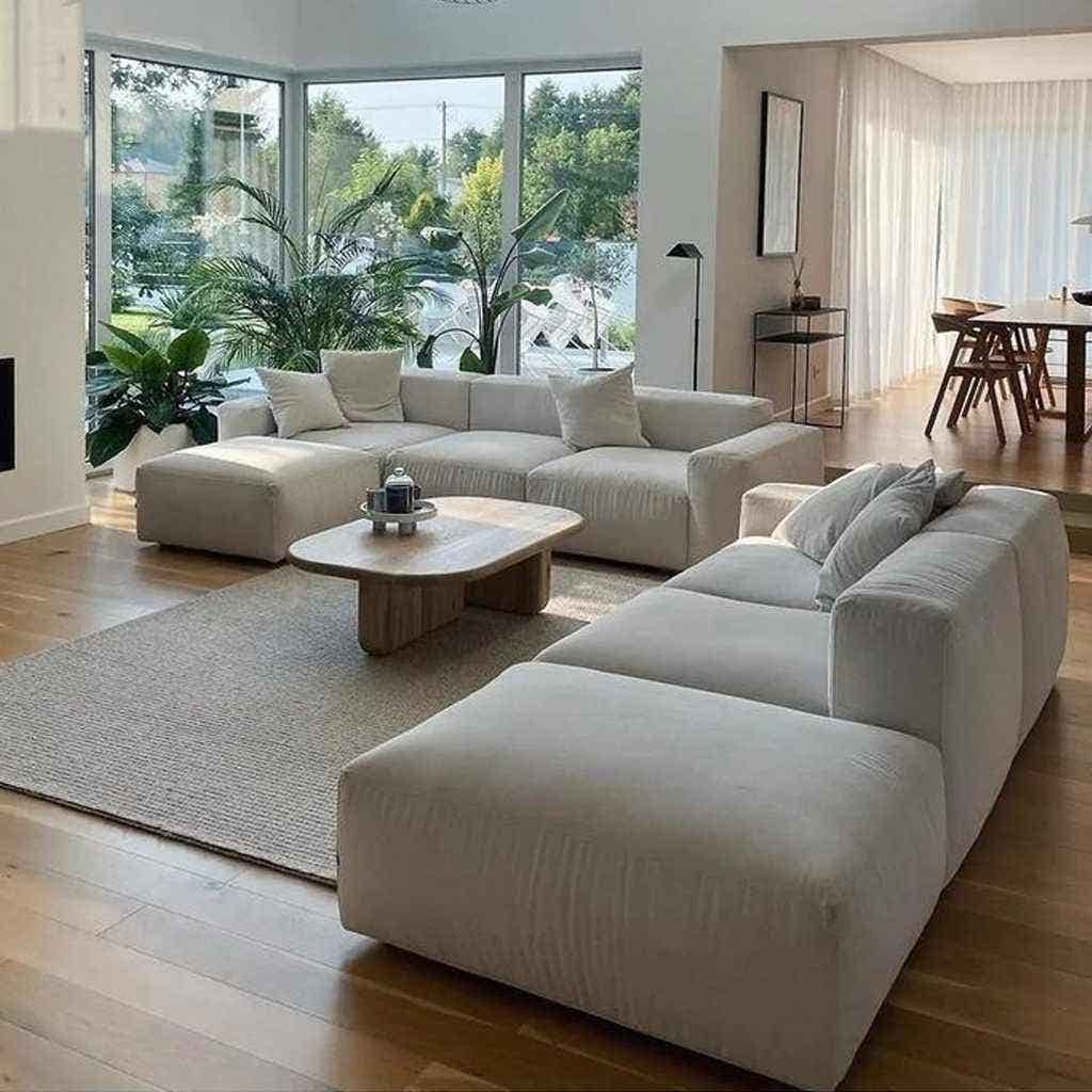 L-shaped living room sectional (beech wood, 2 sofas, 2 poufs, velvet – off-white