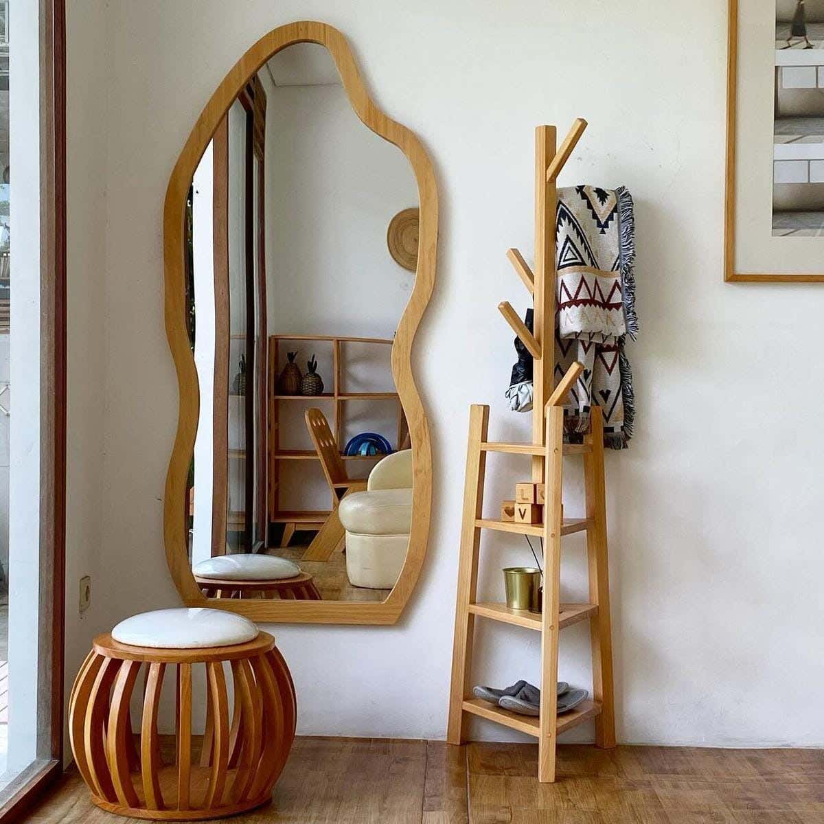 Decorative hanging mirror, MDF wood, 160x60 cm - Beige