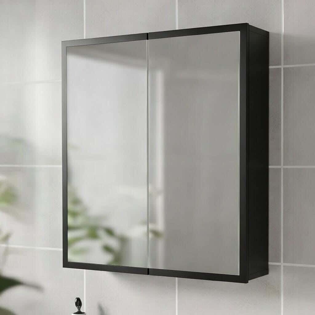 Bathroom wall-mounted organizer with mirror, MDF wood, 80x60 cm - Black