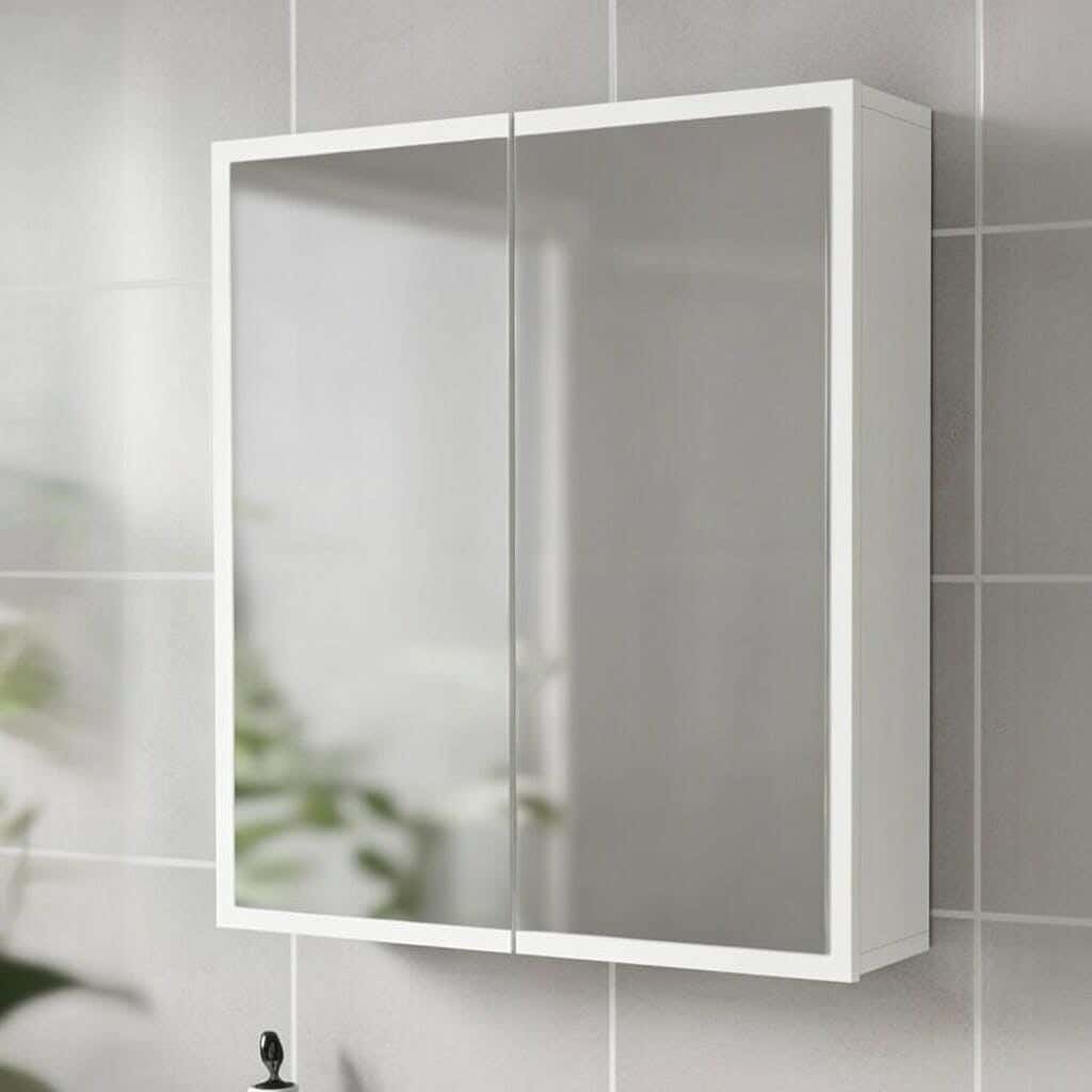 Bathroom wall-mounted organizer with mirror, MDF wood, 80x60 cm - White