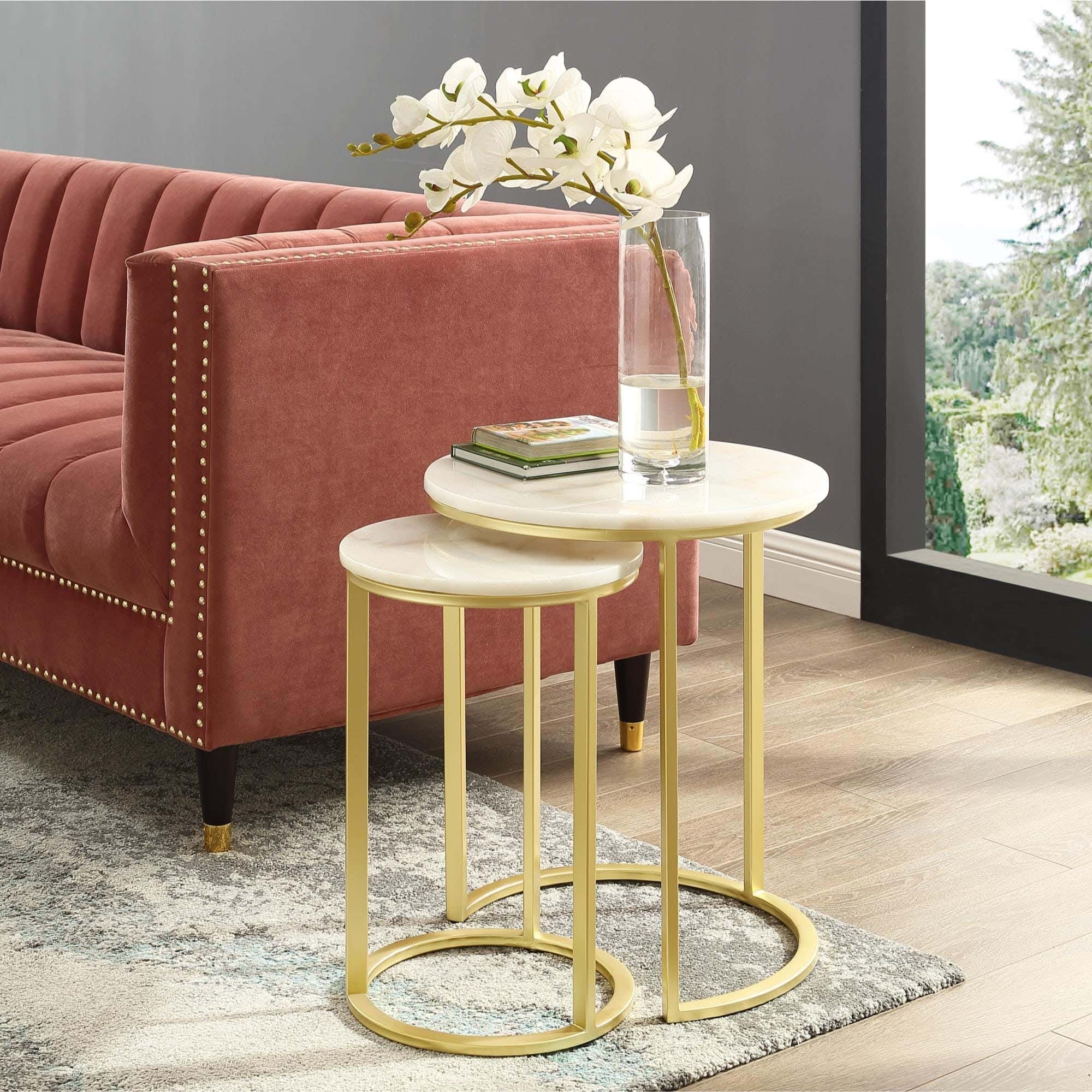 Two-Piece Metal Side Table Set, Carrara Marble Surface, Electrostatic Paint - Gold