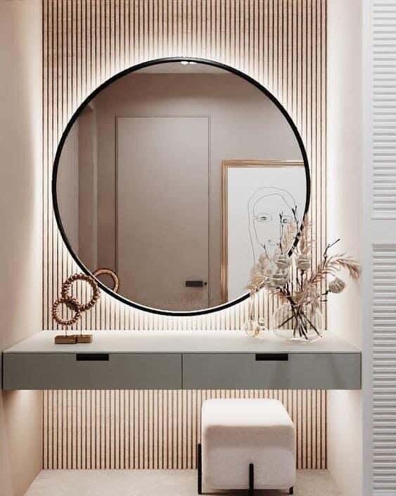 Glass Aesthetic Modern Mirror with Led Lightning , Circular Shape, 50×50 cm - Black