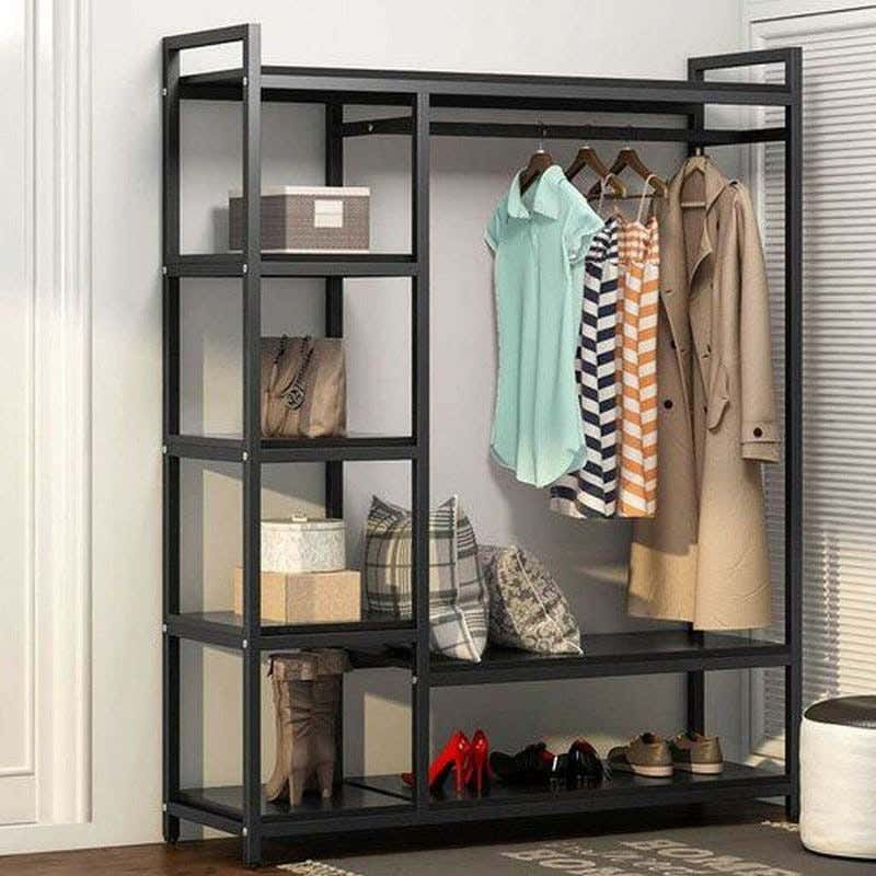 Metal MDF Wood Open Wardrobe, 150x40x180 Cm - Black