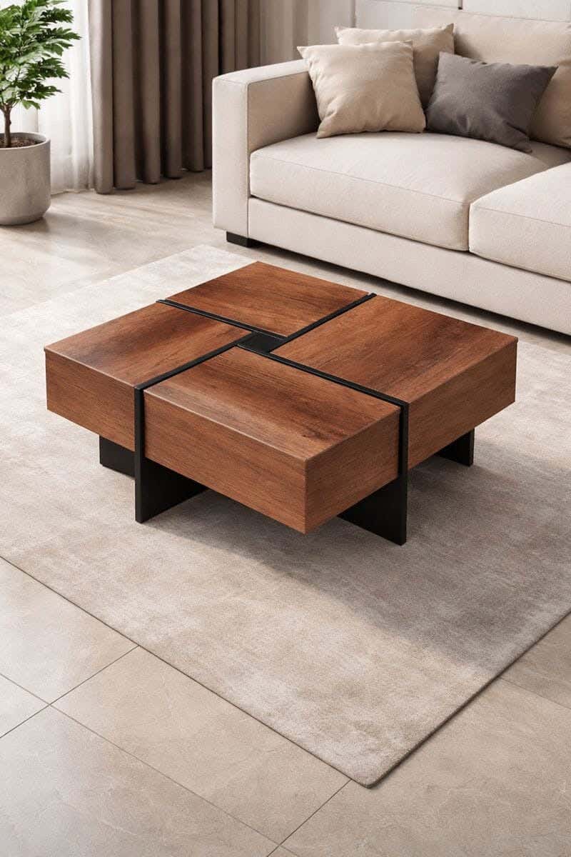 Multi-drawer coffee table, 80×80×40 cm, MDF - black wood