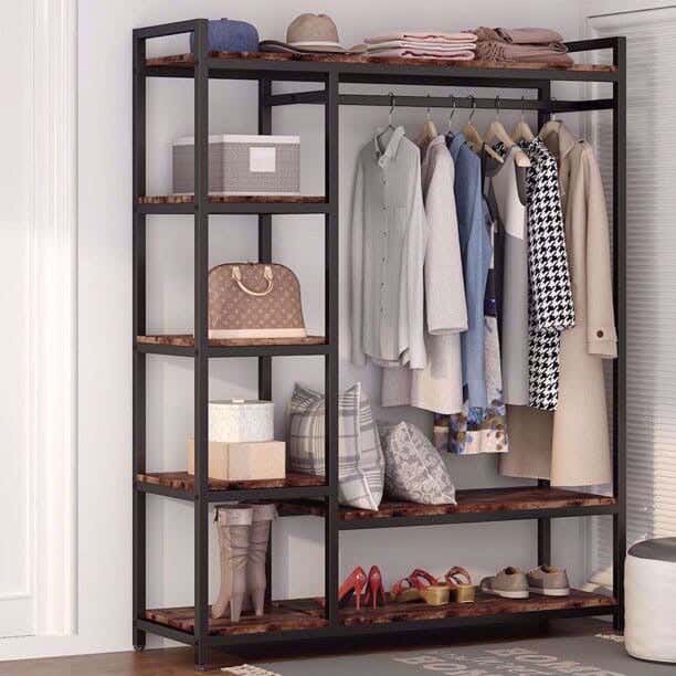 Steel MDF Wood Open Wardrobe, 120x40x180 Cm - Black Wooden