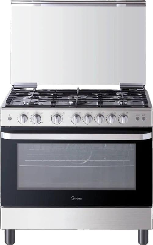 Midea MFO-MG36LE(SS)-VT Gas Cooker, 5 Burners, 90cm, Cast Iron Grates, Full Safety Features, Self Ignition - Silver