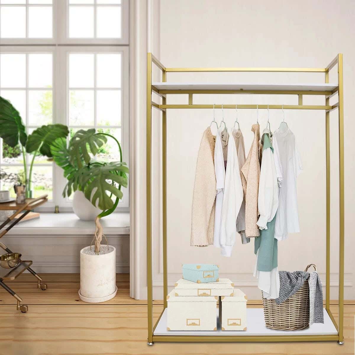 Metal MDF Wood Clothes' Cabinet, 95x35x160 Cm - Gold