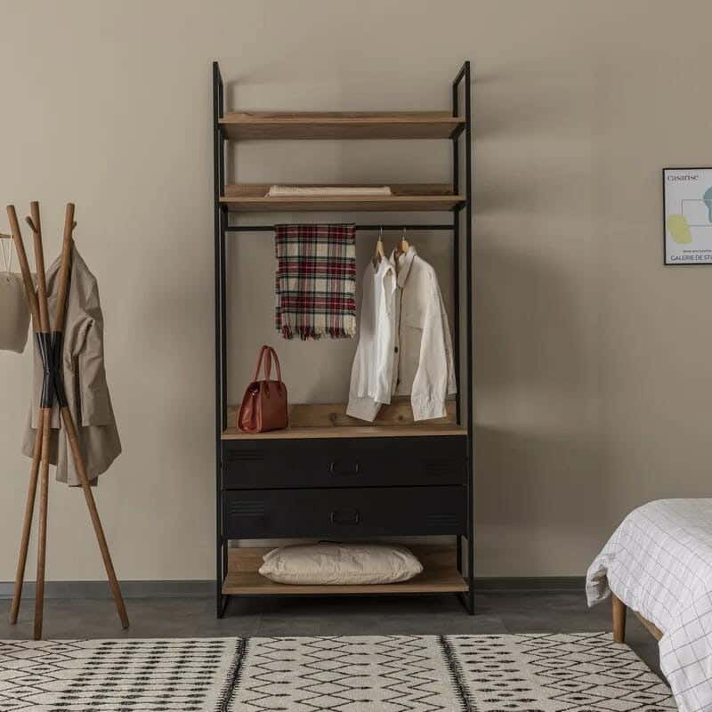 Metal MDF Wood Clothes' Cabinet, 65x35x180 Cm - Black