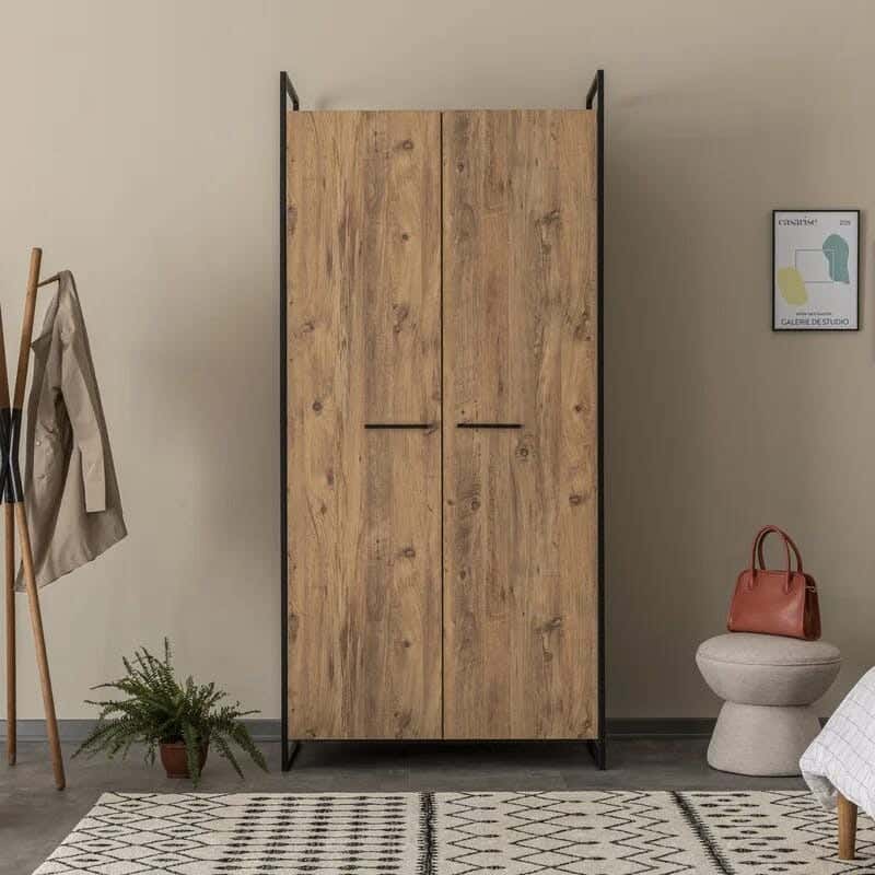 Metal MDF Wood Wardrobe 2 Door, 95x35x180 Cm - Black