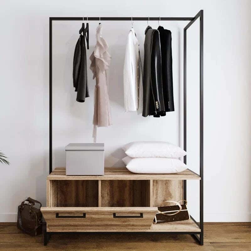Metal MDF Wood Clothes' Cabinet, 150x40x180 Cm - Black