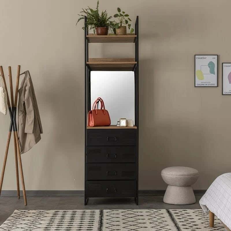 Metal MDF Wood Clothes' Cabinet, 65x35x180 Cm - Black