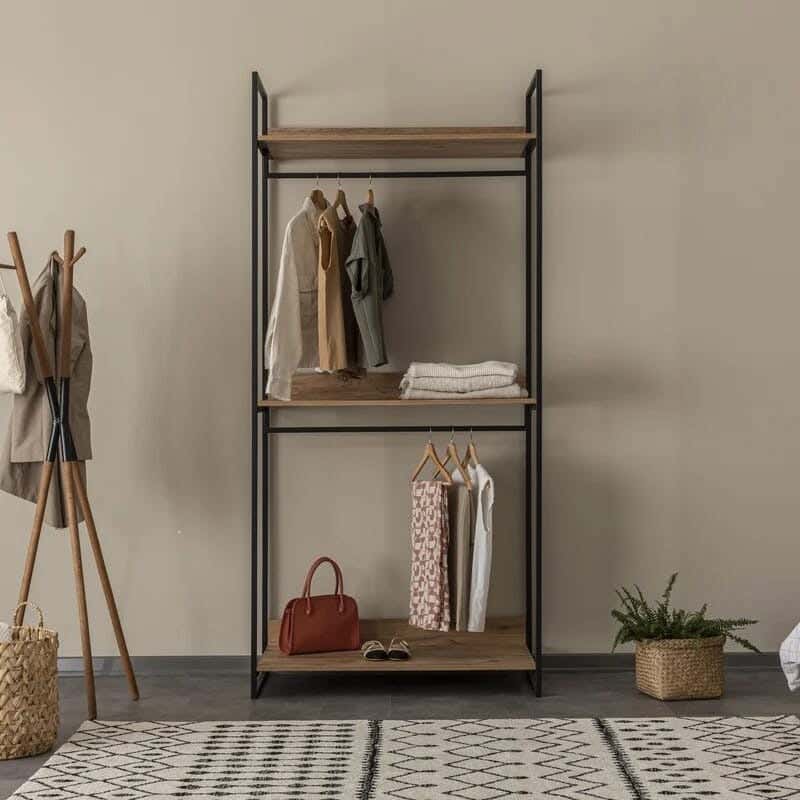 Metal MDF Wood Clothes' Cabinet, 95x35x180 Cm - Black