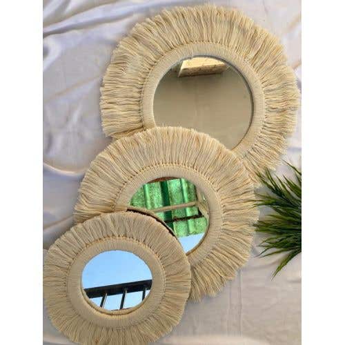 Modern Macrame Mirror Set, 3 Pieces - Beige