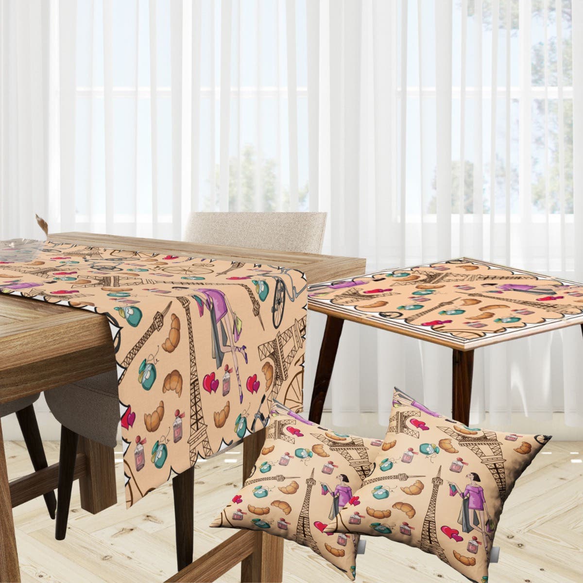 Velvet Runner Dinner Tablecloth, With 2 Cushion Covers - Multicolor, With 2 Side Tablecloth Free